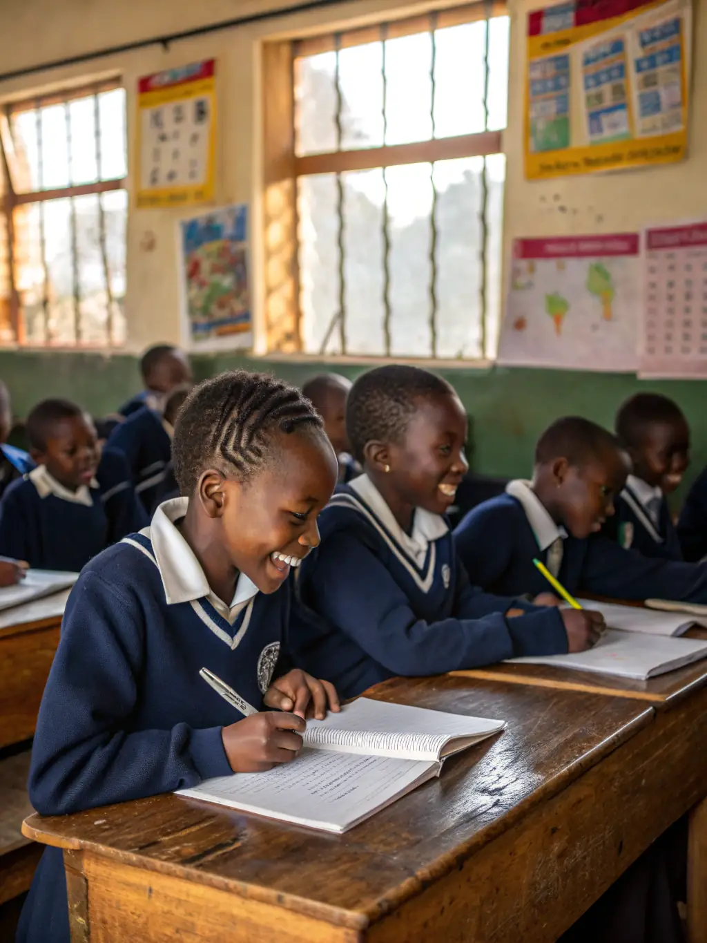 A group of children in school uniforms happily studying in a classroom in Nyamira, Kenya, symbolizing the Blessed Children’s Hope Foundation's commitment to education.