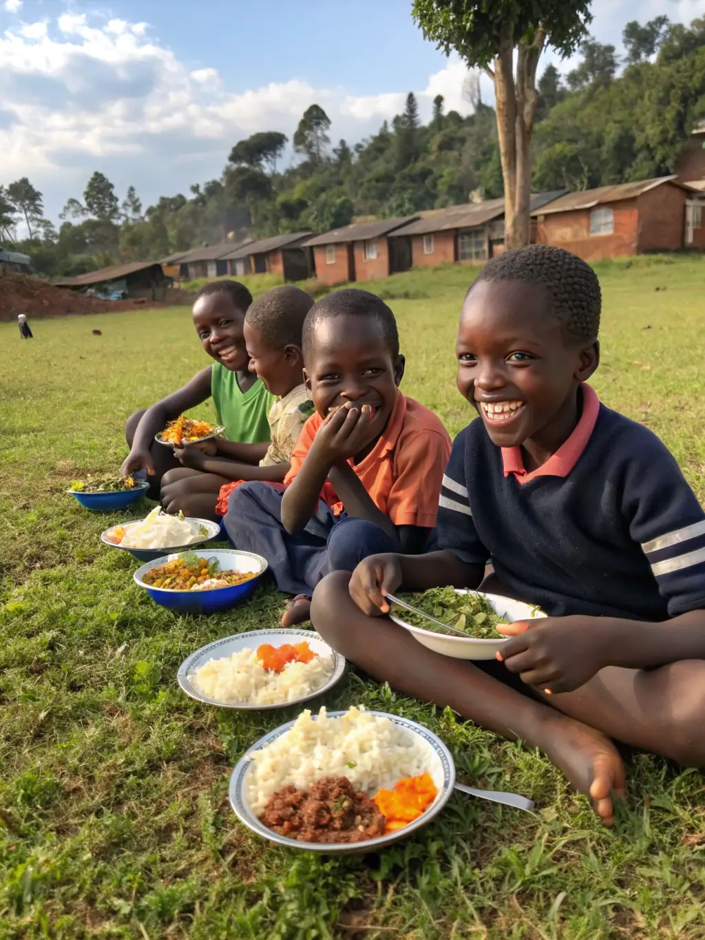 A joyful scene of children enjoying a nutritious meal provided by the Blessed Children’s Hope Foundation, highlighting the importance of proper nutrition for growth and development.