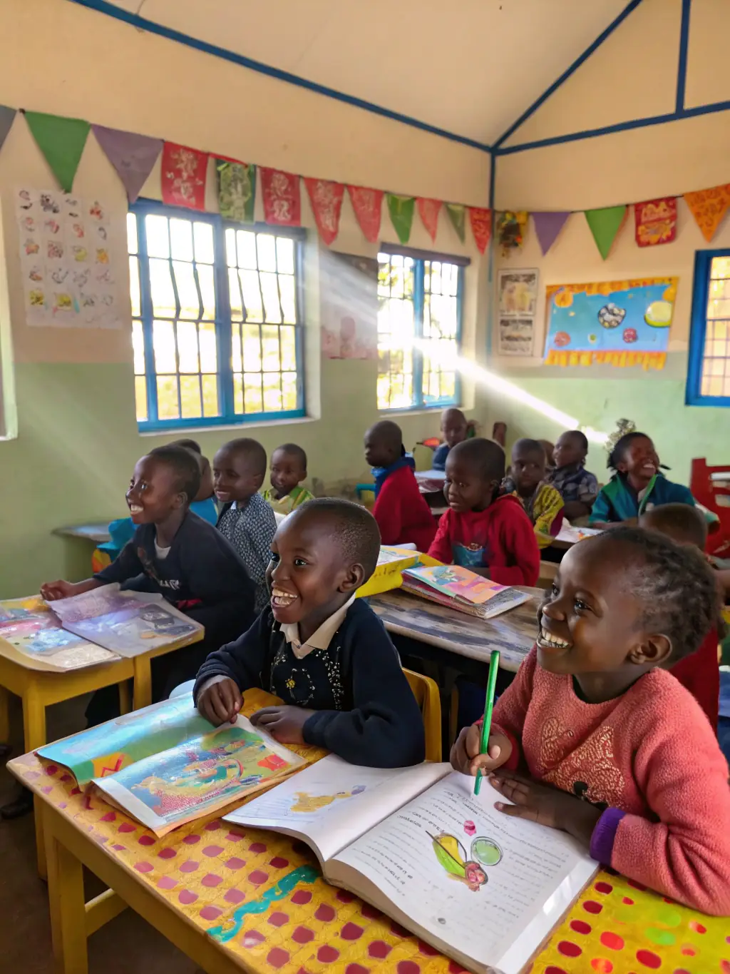 A heartwarming image of children in Nyamira, Kenya, participating in an educational program provided by the Blessed Children’s Hope Foundation, showcasing their eagerness to learn and grow.