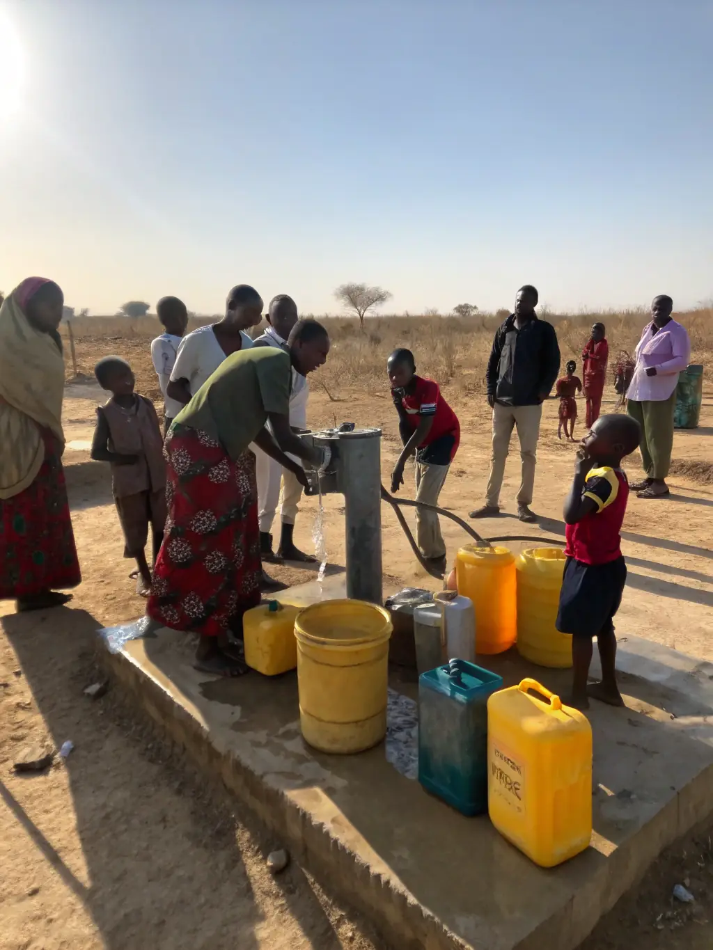 A community gathering around a newly installed clean water well in Nyamira, Kenya, illustrating the Blessed Children’s Hope Foundation's clean water projects.