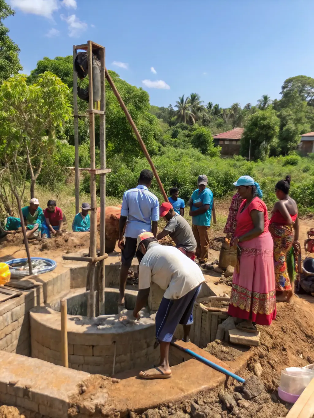 A group of community members working together to build a clean water well in Nyamira, Kenya, demonstrating the foundation's commitment to providing access to safe water.