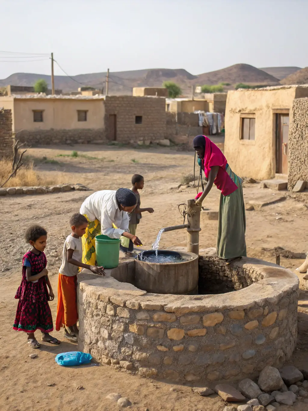 A community well with people gathering to collect clean water, illustrating the clean water projects implemented by Blessed Children’s Hope Foundation.