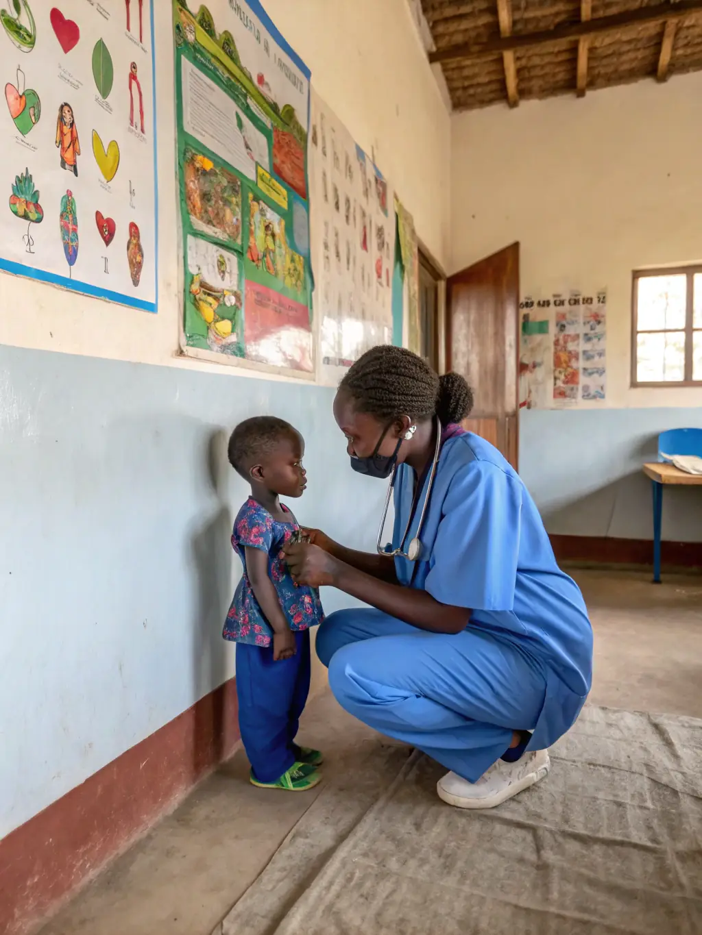 A healthcare worker examining a child in a rural clinic, showcasing the healthcare initiatives of Blessed Children’s Hope Foundation in Nyamira, Kenya.