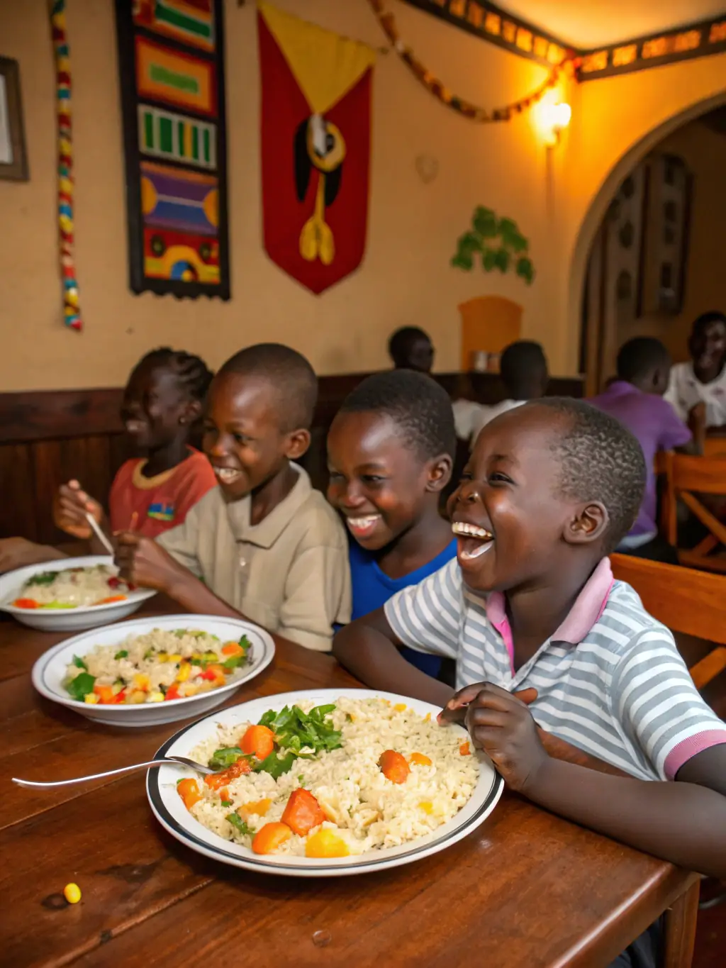 Children eating nutritious meals at a feeding center, representing the nutrition programs of Blessed Children’s Hope Foundation aimed at combating malnutrition.